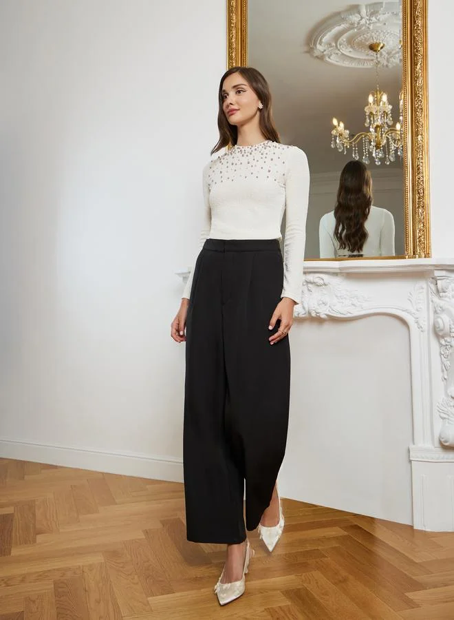 Styli Women Pearl Embellished Long Sleeve Knit Top